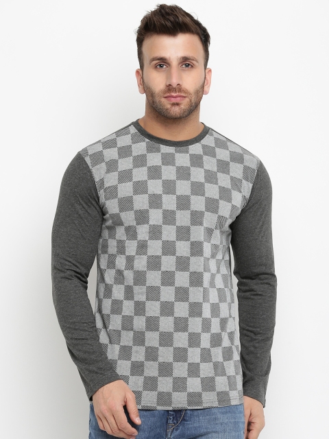 

GRITSTONES Men Grey Checked Round Neck T-shirt