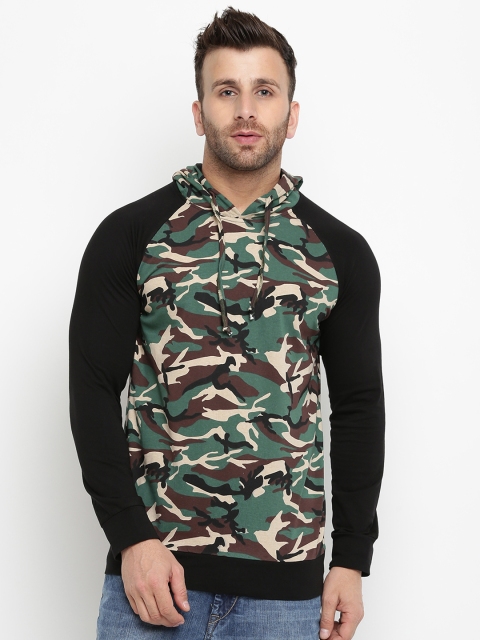 

GRITSTONES Men Olive Green & Black Printed Hooded Sweatshirt