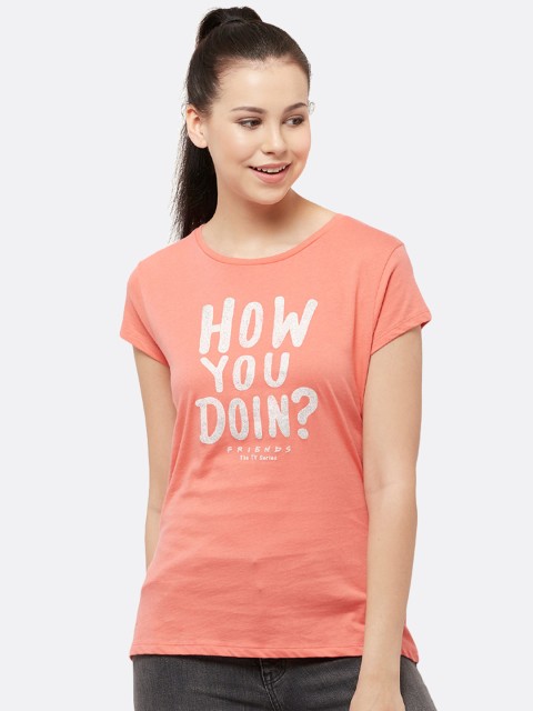 

Free Authority Women Peach-Coloured Friends Printed Round Neck T-Shirt