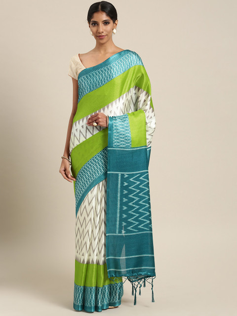 

Ishin Green & White Poly Silk Printed Saree