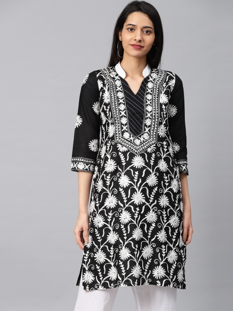 

Saadgi Women Black & White Chikan Embroidered Handloom Straight Kurta