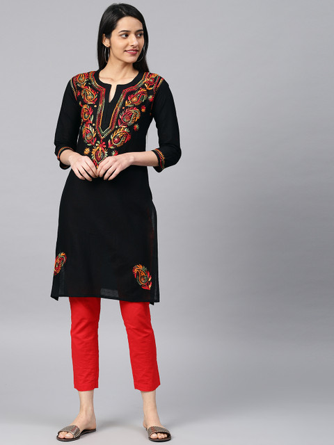 

Saadgi Women Black Chikankari Embroidered Straight Kurta