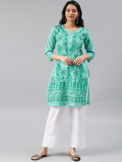 

Saadgi Women Sea Green Embroidered Straight Kurta