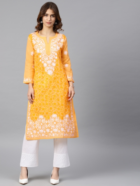 

Saadgi Women Yellow & White Embroidered Straight Kurta