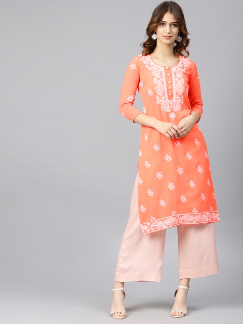 

Saadgi Women Peach-Coloured Embroidered Straight Kurta