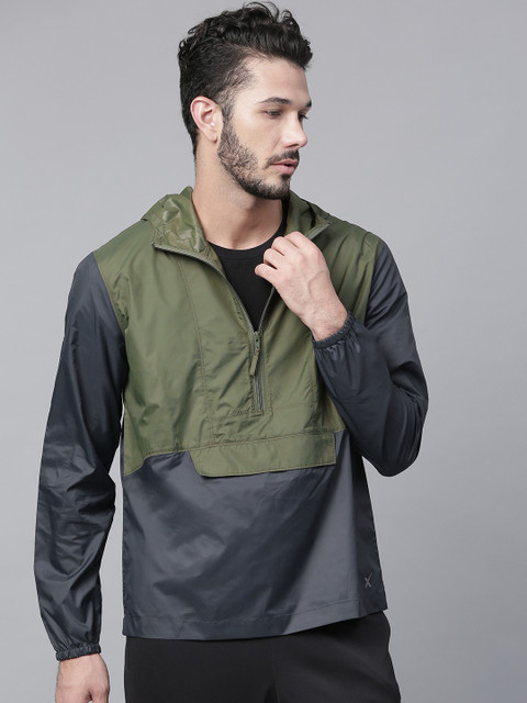 

HRX by Hrithik Roshan Men Olive Green & Charcoal Grey Running Hooded Colourblocked Jacket