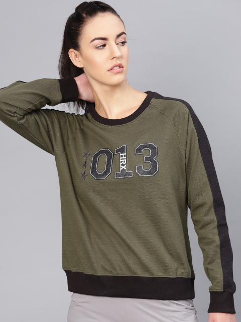

HRX by Hrithik Roshan Women Olive Green Lifestyle Round Neck Self Design Sweatshirt