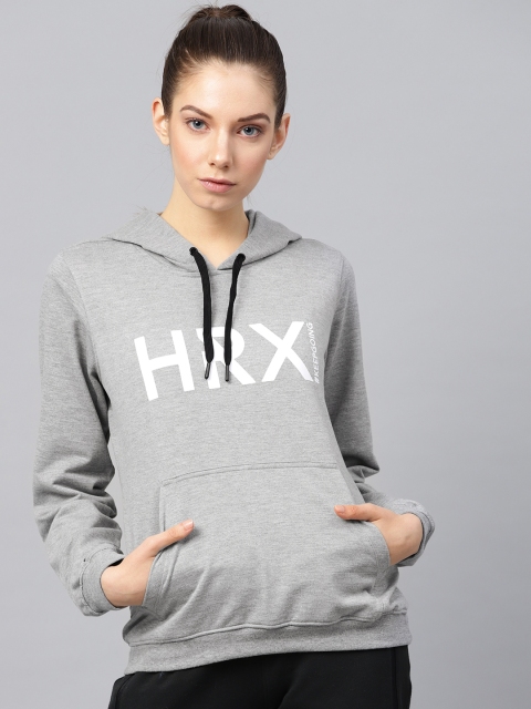 

HRX by Hrithik Roshan Women Grey Melange Lifestyle Hooded Printed Sweatshirts