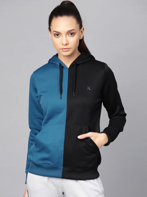 

HRX by Hrithik Roshan Women Teal Blue & Black Lifestyle Colourblocked Hooded Sweatshirt