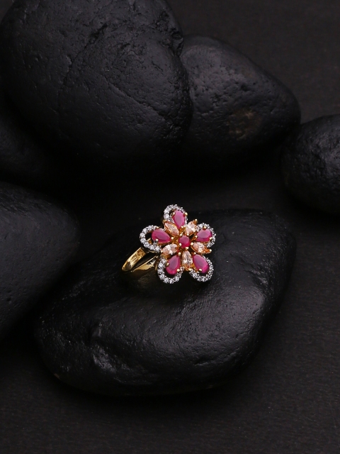 

Studio Voylla Women Gold-Plated, White & Red CZ-Studded Floral-Shaped Finger Ring
