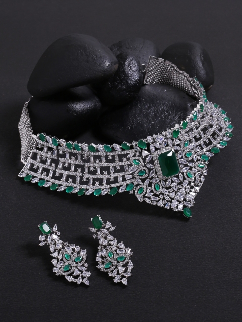 

Studio Voylla Women Silver-Plated & Green Stone-Studded Jewellery Set