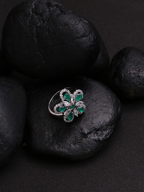 

Studio Voylla Women Silver-Plated & Green CZ-Studded Floral-Shaped Finger Ring