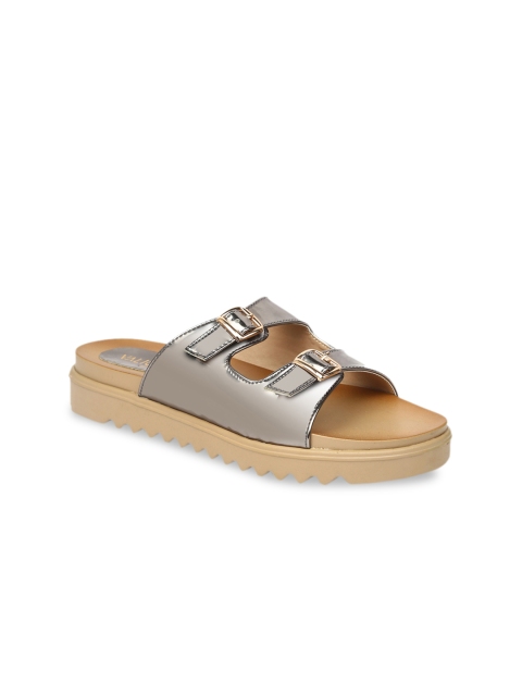 

VALIOSAA Women Grey Solid Synthetic Patent Open Toe Flats