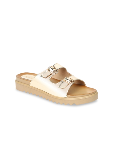 

VALIOSAA Women Gold-Toned Solid Synthetic Patent Open Toe Flats