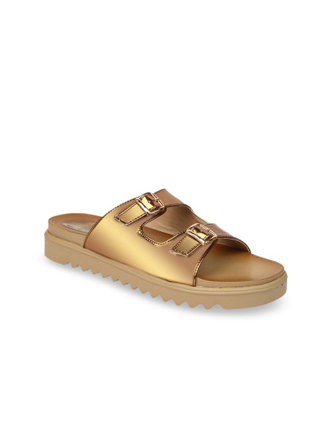 

VALIOSAA Women Copper-Toned Solid Synthetic Patent Open Toe Flats