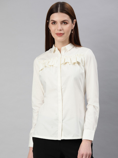 

Park Avenue Women Off-White Regular Fit Solid Casual Shirt With Ruffle Detail