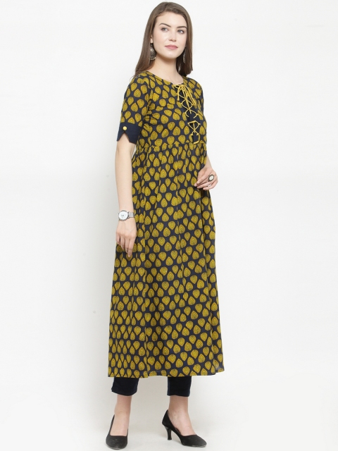

Indibelle Women Navy Blue & Yellow Printed A-Line Kurta