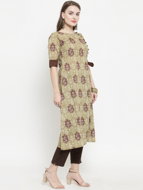 

Indibelle Women Olive Green Printed Straight Kurta