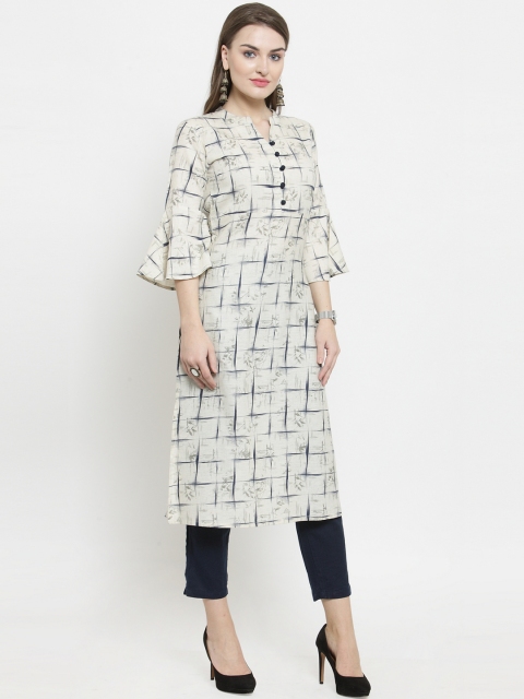 

Indibelle Women Off-White & Blue Printed Straight Kurta