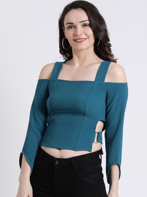 

Kazo Women Green Solid Fitted Cold-Shoulder Crop Top