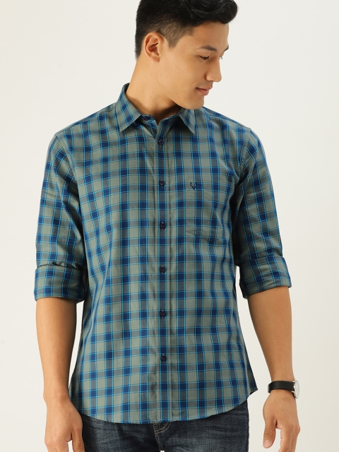 

Allen Solly Men Olive Green & Navy Blue Checked Casual Shirt