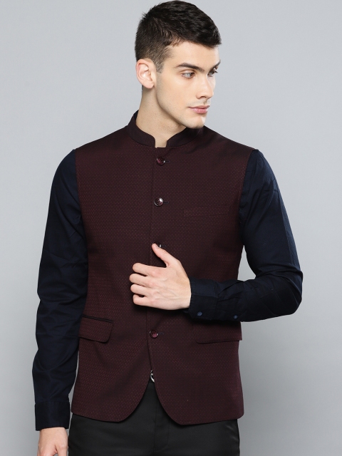 

Louis Philippe Men Burgundy Woven Design Slim Fit Nehru Jacket