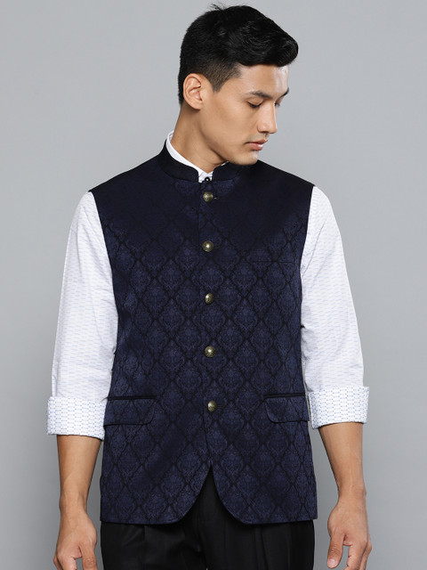 

Louis Philippe Men Navy Woven Design Slim Fit Nehru Jacket, Navy blue