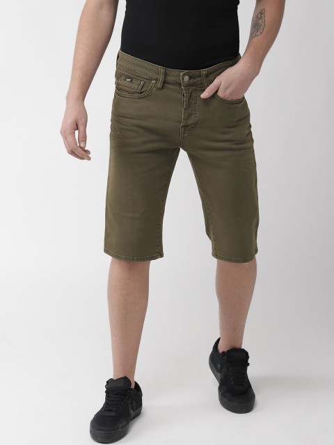 

GAS Men Olive Green Solid Slim Fit Denim Shorts