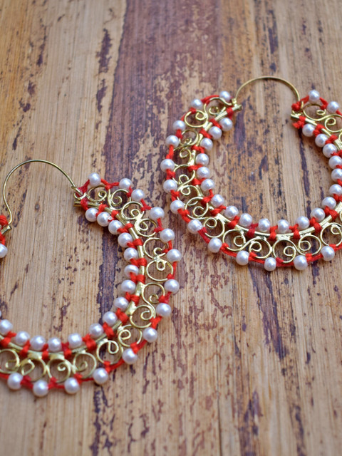 

Anetra Gold-Toned & White Circular Drop Earrings