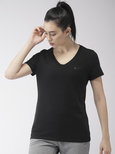 

Nike Women Black Solid V-Neck DRI-FIT Sports T-shirt