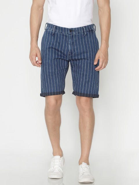 

Jack & Jones Men Blue & Off-White Striped Regular Fit Denim Shorts