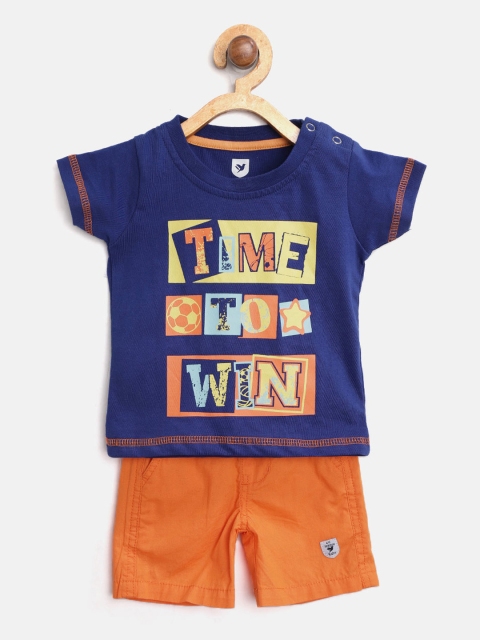 

612 league Boys Navy Blue & Orange Printed T-shirt with Shorts