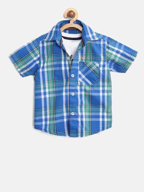 

612 league Boys Blue & Green Regular Fit Checked Casual Shirt