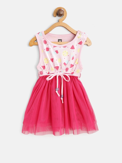 

612 league Girls Pink Net Printed Fit and Flare Dress