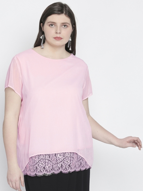 

JUNAROSE Plus Size Women Pink Solid Semi-Sheer Top
