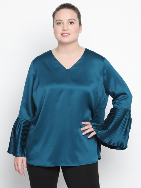 

JUNAROSE Plus Size Women Teal Green Solid Bell Sleeves Top