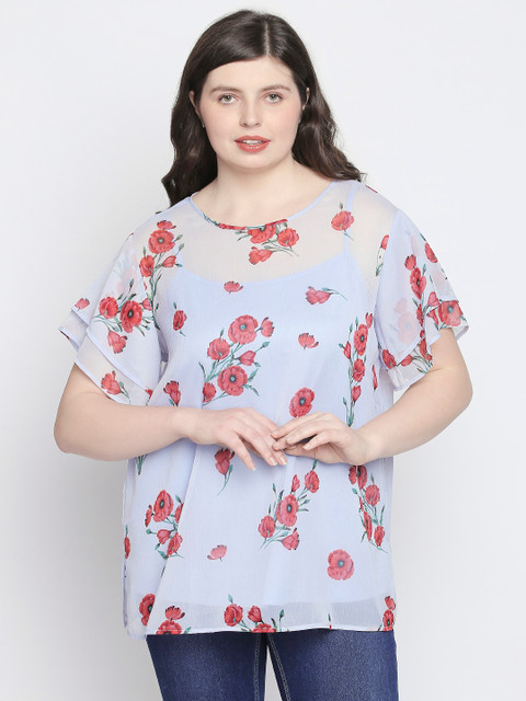 

JUNAROSE Plus Size Women Blue Red Printed Semi-Sheer Top