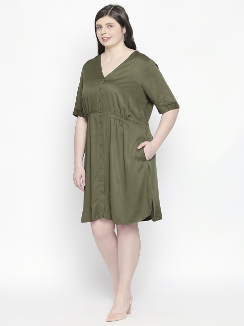

JUNAROSE Plus Size Women Olive Green Solid A-Line Dress