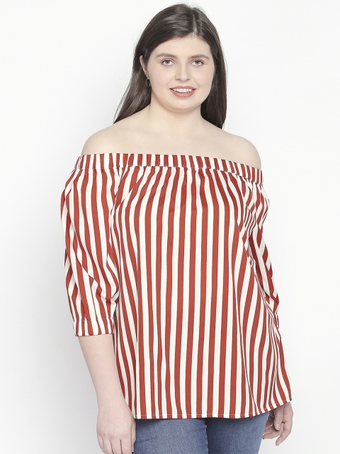 

JUNAROSE Plus Size Women Red White Striped Bardot Top