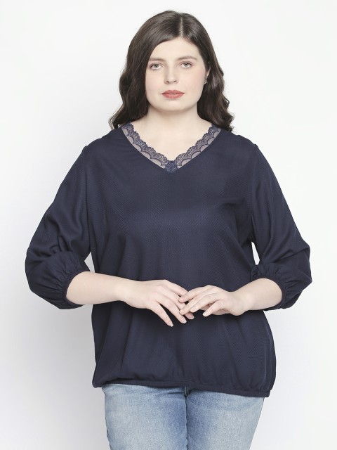 

JUNAROSE Plus Size Women Navy Blue Self-Design Blouson Top