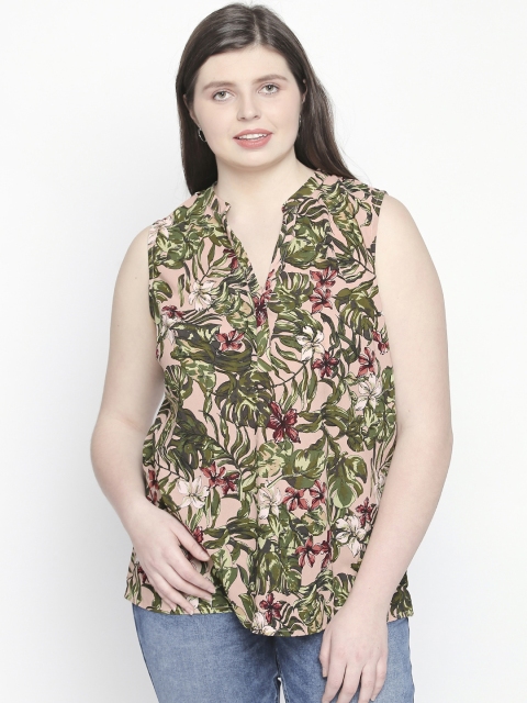 

JUNAROSE Plus Size Women Green Pink Printed Top