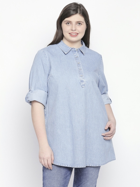 

JUNAROSE Plus Size Women Blue Solid Denim Shirt Style Top