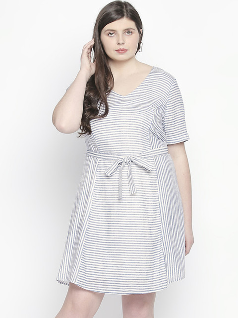 

JUNAROSE Plus Size Women White Navy Blue Striped A-Line Dress