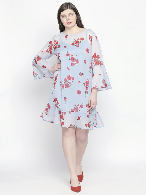 

JUNAROSE Plus Size Women Blue Red Printed A-Line Dress