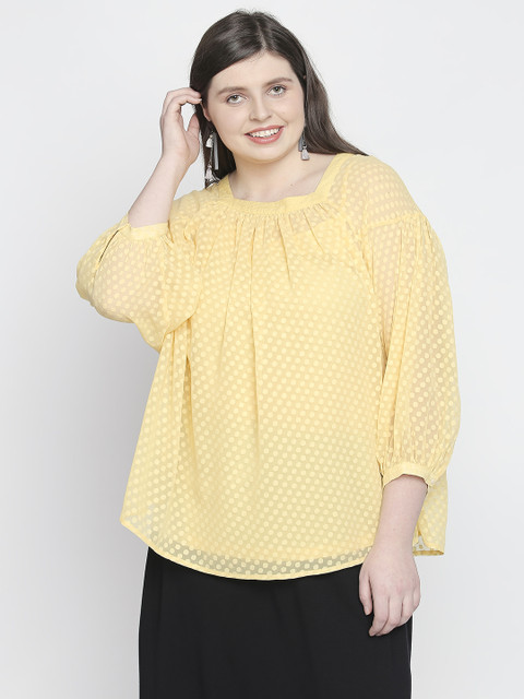 

JUNAROSE Plus Size Women Yellow Self Design Semi-Sheer Top