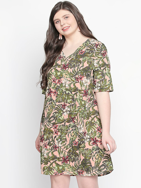 

JUNAROSE Plus Size Women Pink Green Printed A-Line Dress