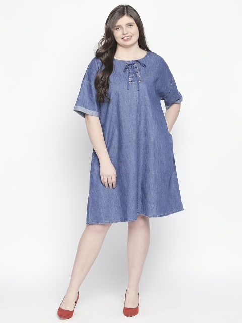 

JUNAROSE Plus Size Women Blue Solid Chambray A-Line Dress