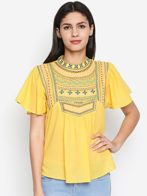 

Oxolloxo Women Yellow Printed A-Line Pure Cotton Top