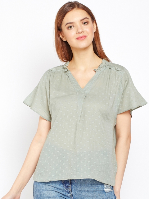 

Oxolloxo Women Grey Self Design A-Line Pure Cotton Top