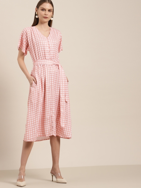 

her by invictus Women Pink & White Checked Fit & Flare Dress